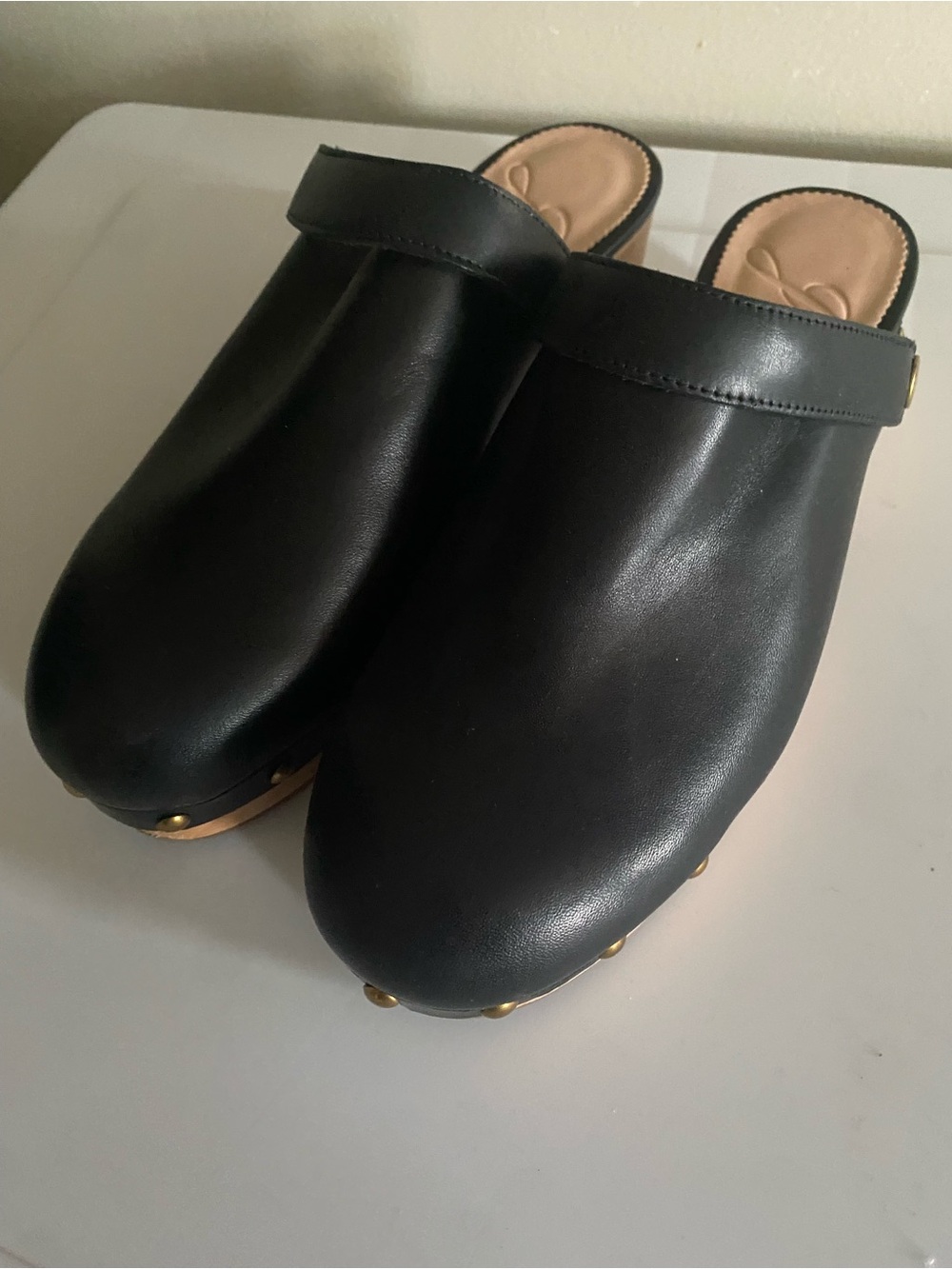 J. Crew Black Leather Clog Mules with Gold Studs